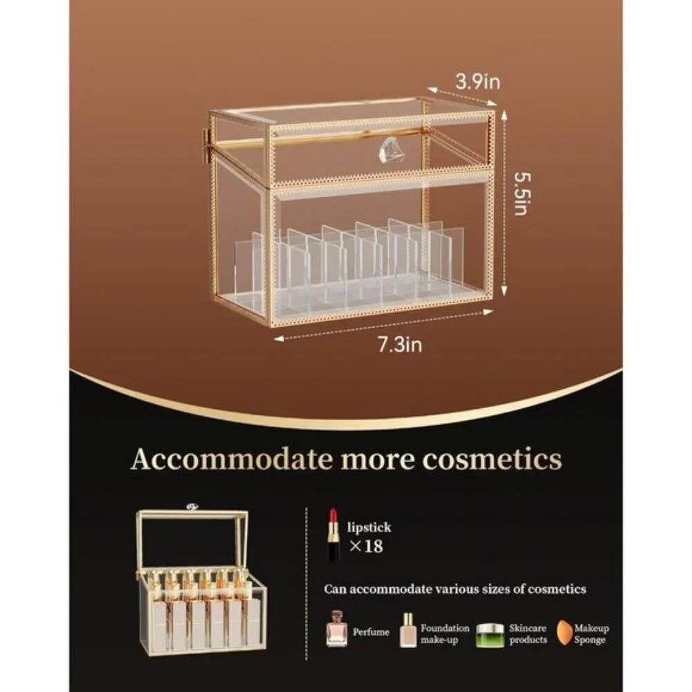 New Luxury Glass Lipstick Organizer, 18-Slot Gold Vanity Holder for Nail Polish